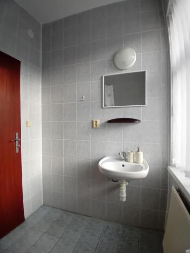 a bathroom with a sink and a mirror at U vodohospodárov in Banská Štiavnica