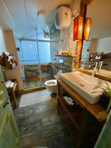 a bathroom with a sink and a toilet in it at MeenaBagh Villa Rooms & Cafe in Shimla