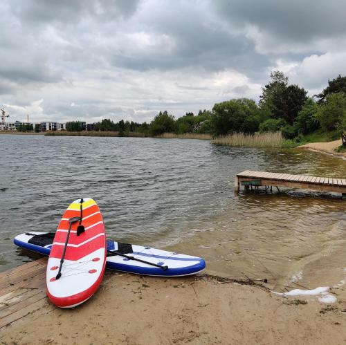 two paddle boards sitting on the shore of a lake at Gilužio Apartments in Vilnius