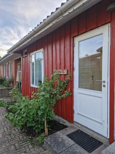una casa roja con una puerta blanca y un arbusto en Lillebo fred og ro, en Græsted