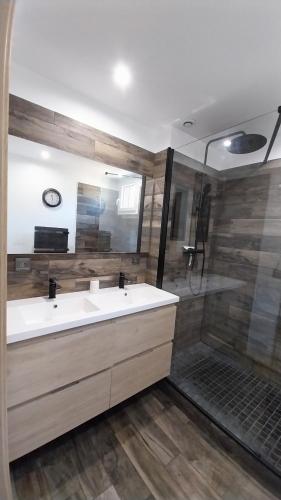 une salle de bain avec un lavabo blanc et une douche dans l'établissement Maison avec piscine entre Chartreuse et Vercors, à La Buisse