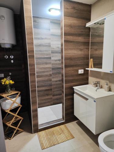 a bathroom with a shower with a sink and a toilet at Šumski Miro in Perućac