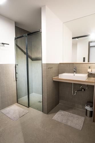 a bathroom with a glass shower and a sink at LAKESIDE Apartements in Zwenkau