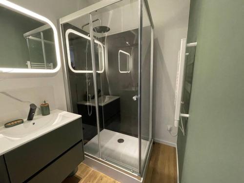 a bathroom with a glass shower and a sink at La belle mine in Lens