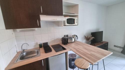 une cuisine avec un évier et un plan de travail en bois dans l'établissement Le St Gilles - Près Centre - Terrasse - Parking, à Orthez
