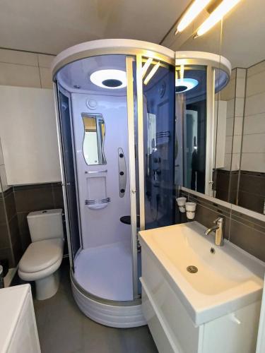 une salle de bain avec une douche, des toilettes et un lavabo dans l'établissement AS25923 - P2 Centre Ville - Vue mer et wifi, au Grau-du-Roi