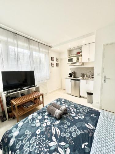 un salon avec un lit et une télévision à écran plat dans l'établissement Agreable Studio Saint-Germain-en-Laye, à Saint-Germain-en-Laye