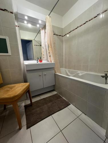 une salle de bain avec une baignoire et un lavabo et une baignoire dans l'établissement ZEHNITH Strasbourg tramway, à Strasbourg