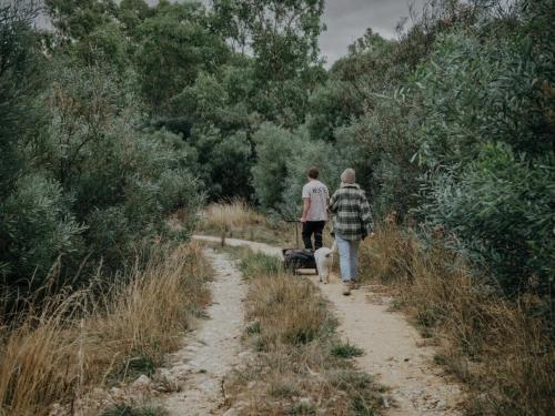 two people walking a dog on a dirt road at Remote Off-Grid Cabin in the Wilderness - Jude in Warrenmang