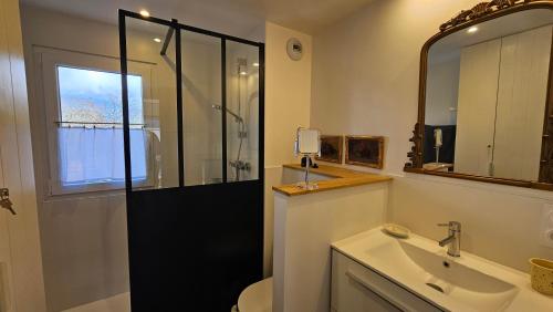 une salle de bain avec une douche, un lavabo et un miroir dans l'établissement Les Remparts - 250 m from port - WiFi - Parking - Calme, à Vannes