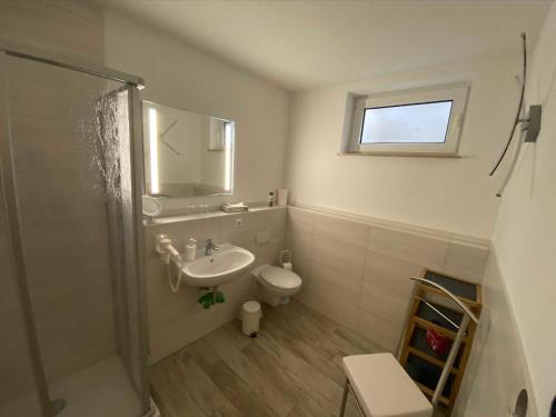 a bathroom with a sink and a toilet and a shower at Pension und Ferienwohnung Kristen Am Denkmal Süptitzer Höhen in Zietenhof