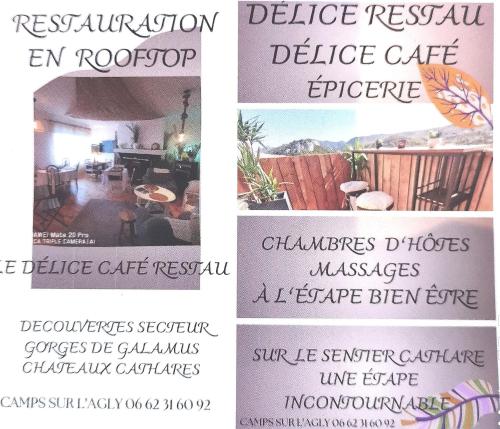 a collage of photos of a restaurant and a sign at L'ÉTAPE BIEN ÊTRE,chambres et tables d'hôtes,épicerie Café, salon de massage in Camps-sur-lʼAgly