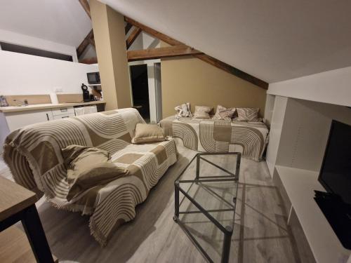 un salon avec deux canapés et une télévision dans l'établissement Hebergement et Etapes equestres, à Bégaar