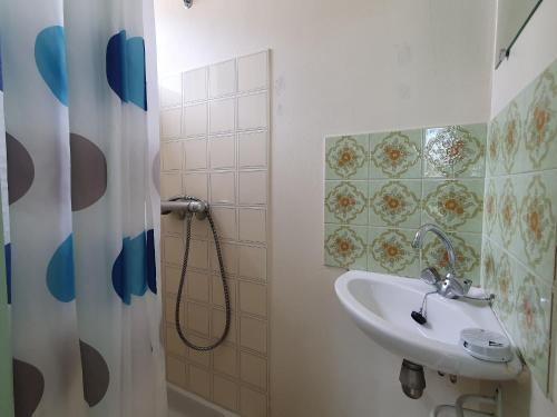 une salle de bain avec un lavabo et une douche dans l'établissement Maison de Charme Près de la Plage, 5 Pers, Jardin - FR-1-476-232, à La Faute-sur-Mer