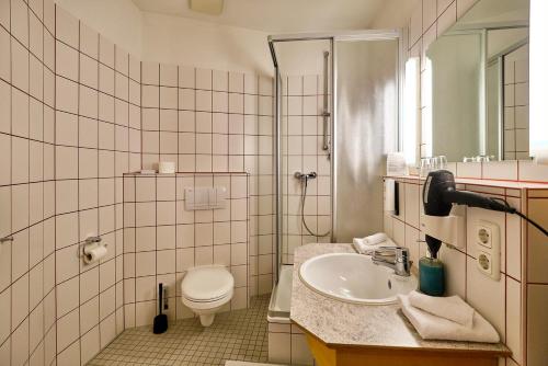 a bathroom with a sink and a toilet at Hotel Roter Hahn in Regensburg