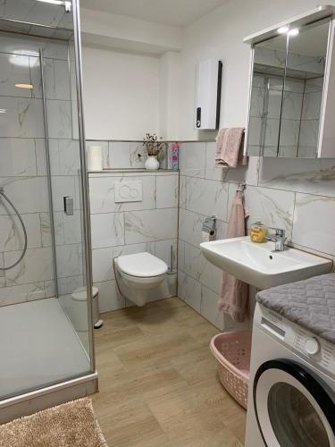 a bathroom with a toilet and a sink and a washing machine at Gemütliches Apartment in Bodenfelde in Bodenfelde