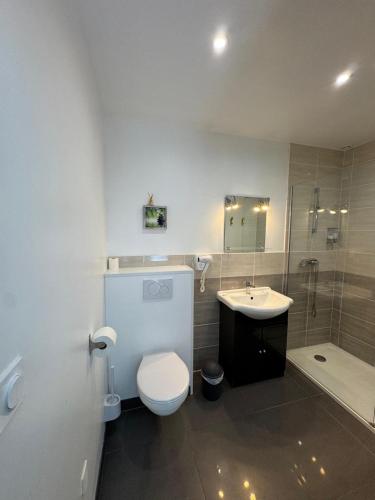 une salle de bain avec toilettes, lavabo et douche dans l'établissement Chambre d'hôte, à Cucugnan