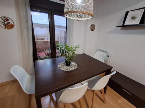 a dining room table with white chairs and a potted plant at Apartamento San Andrés in Teruel