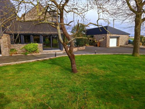 a tree in the grass in front of a house at Chez Marie-Céline - Maison avec jacuzzi à 20 min du Val André in Plestan