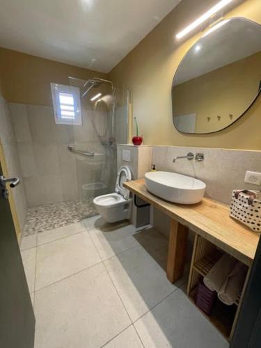 une salle de bain avec un lavabo, des toilettes et un miroir dans l'établissement Guetali du Village, à Monacia-dʼAullène