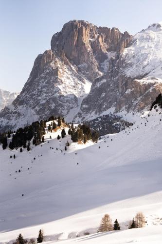 a snow covered mountain with a village in front of it at COMO Alpina Dolomites in Alpe di Siusi