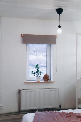 a bedroom with a window with a plant on a window sill at Holiday House LIL Home in Krāslava
