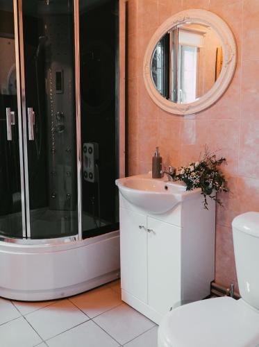 a bathroom with a shower and a sink and a mirror at Holiday House LIL Home in Krāslava