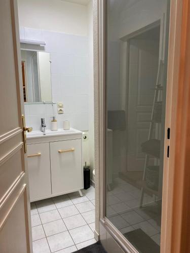 La salle de bains est pourvue d'un lavabo et d'une porte en verre. dans l'établissement Colmar Centre renovated cottage 4 people - terrace, à Colmar