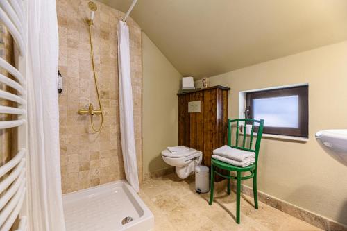 a bathroom with a toilet and a shower and a chair at Casa cu Amintiri - Authentic Cozy Cottage in Bran