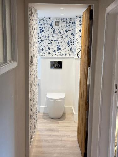 a bathroom with a toilet and a blue and white wallpaper at Peckforton cottage totally refurbished in Beeston