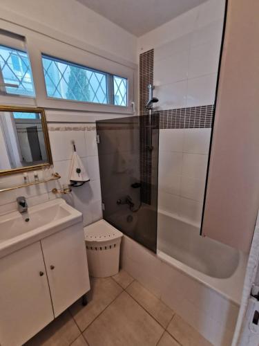 une salle de bain avec une douche, un lavabo et des toilettes dans l'établissement Juan-les-Pins, superbe studio vue mer grande Terrace cuisine séparée, à Antibes