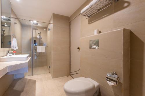 a bathroom with a toilet and a sink and a shower at Ramada by Wyndham Kathmandu Dhumbarahi in Kathmandu