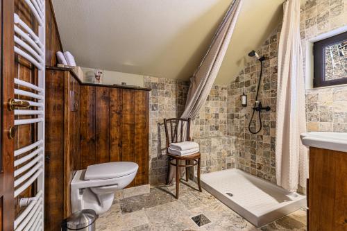 a bathroom with a toilet and a shower and a sink at Casa cu Amintiri - Authentic Cozy Cottage in Bran