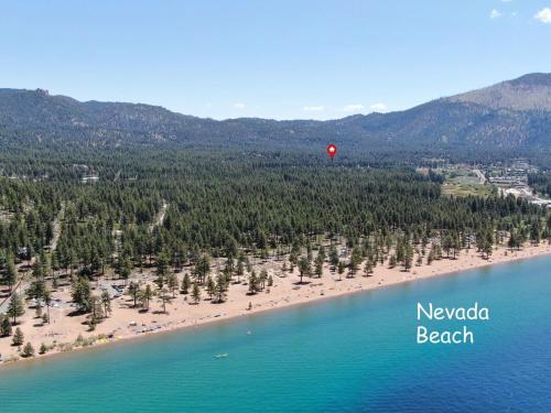 an aerial view of a beach with a red balloon at Chimney Rock Condo condo in Stateline