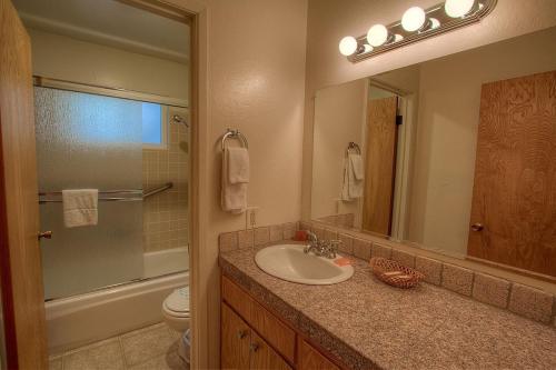 a bathroom with a sink and a toilet and a mirror at Foothill Folly home in Zephyr Cove