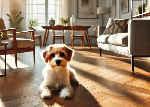 ein kleiner Hund, der in einem Wohnzimmer auf dem Boden sitzt in der Unterkunft Haus Sabine - Zimmer 2 in Braunlage