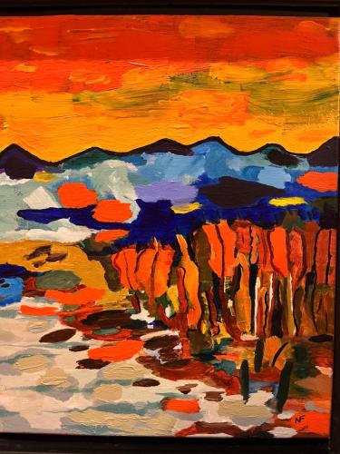 une peinture d'un désert avec un coucher de soleil dans l'établissement Cocon, à Saint-Nazaire