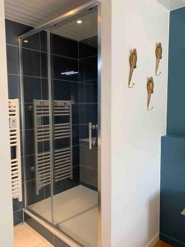 une douche avec une porte vitrée dans une salle de bain dans l'établissement FEREL Longère near beaches, 12 people, heated pool, à Férel