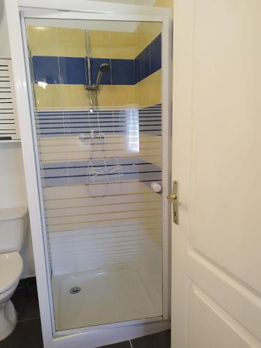 une douche avec une porte vitrée dans une salle de bain dans l'établissement Gite Eynardou, à Naussannes