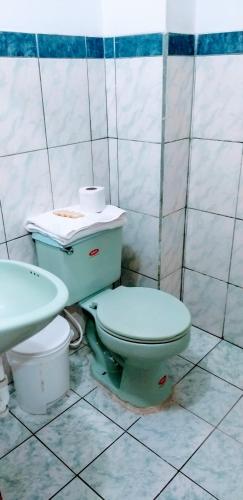 a bathroom with a green toilet and a sink at Hostal Lesly Salomé in Tulcán