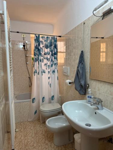 une salle de bain avec un lavabo, des toilettes et une douche dans l'établissement Castagna Apartment, à Bellagio