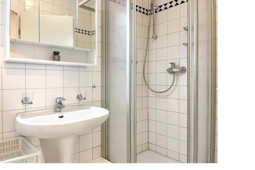a bathroom with a sink and a shower at Goosbrink Wohnung 13 in Boltenhagen