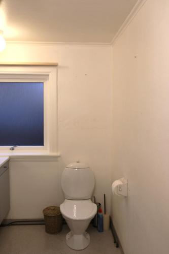 a white toilet in a bathroom with a window at Historical and cosy house in the heart of Tórshavn in Tórshavn