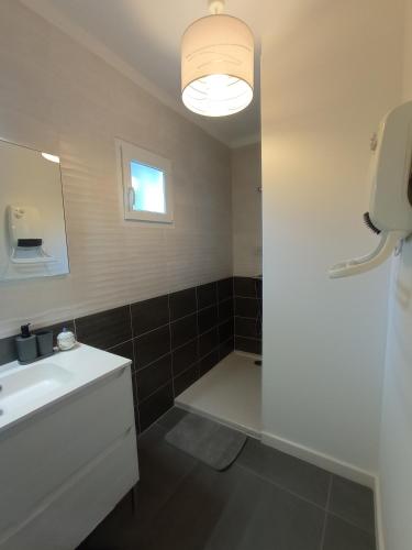 une salle de bain avec un lavabo, des toilettes et un miroir dans l'établissement Gite L'ATELIER, à Anduze