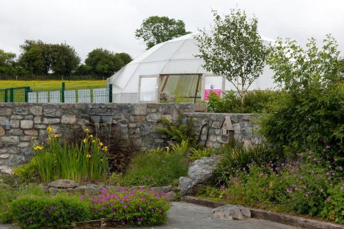 a dome tent in a garden with flowers at Burren Nature Sanctuary Apartment in Galway