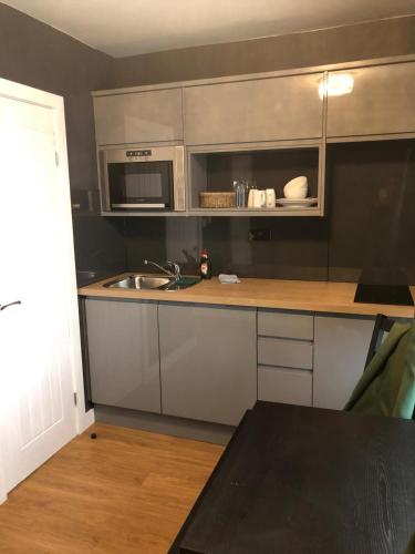 a kitchen with a sink and a microwave at Sky City Apartments in Coventry