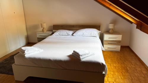 a bedroom with a large bed with two night stands at Piazza Grande Duplex in Locarno