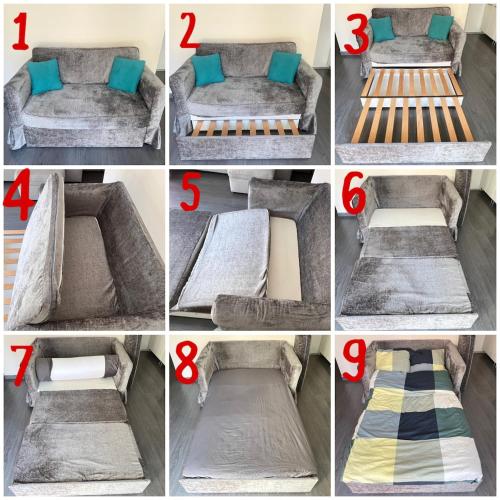 un collage de photos montrant différents stades de transformation d'un lit en canapé dans l'établissement Studio élégant avec balcon près de la plage à Nice, à Nice