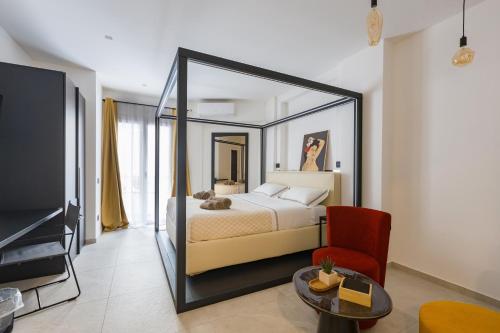 a bedroom with a bed with a large mirror at Gatto Matto in Brolo