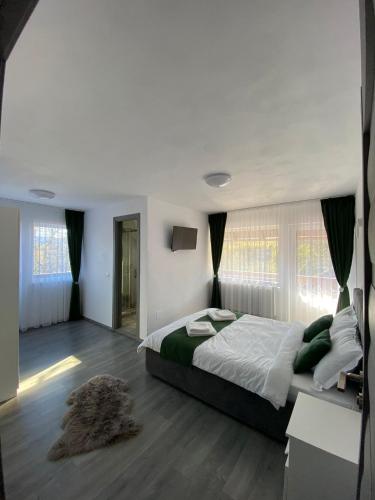 a bedroom with a large bed and a large window at Alio Guest House in Zărneşti